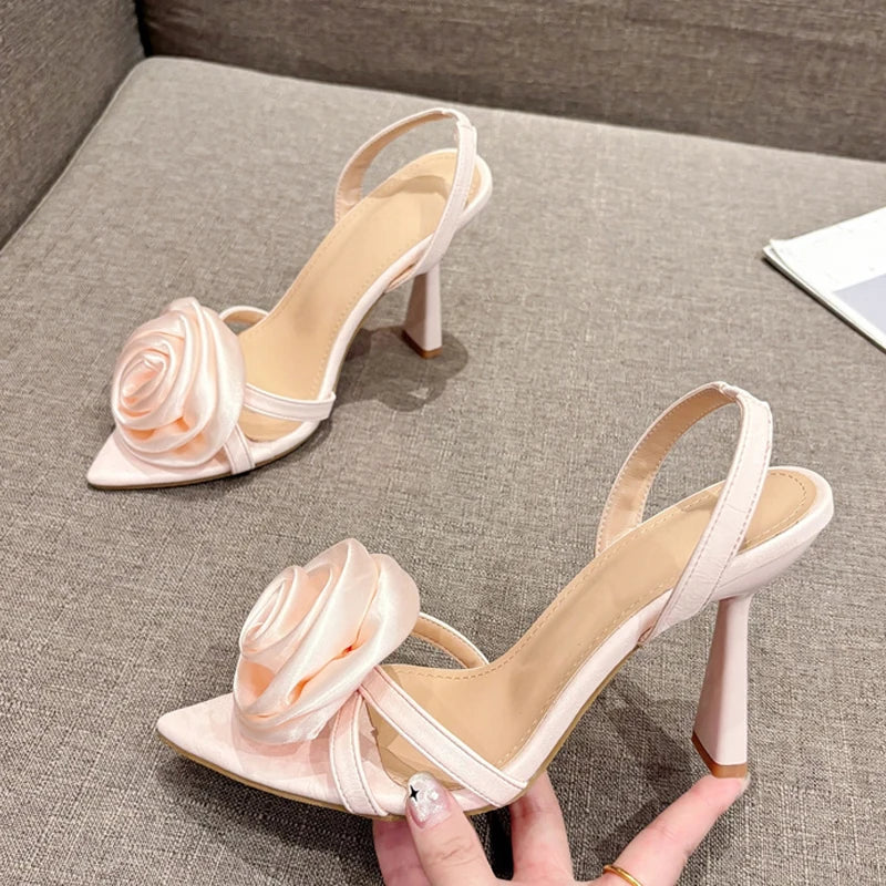 Xajzpa Summer Fashion Silk Rose Flowers Pointed Open Toe Back Strap Sandals Women Red High Heels Wedding Prom Shoes Zapatos Mujer