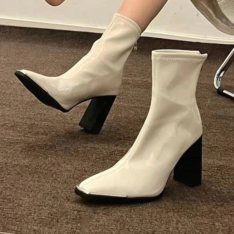 Xajzpa Fashion Women Thick High Heel Ankle Boots Solid Patent Leather Office Pumps Autumn Mujer Square Toe Short Boots