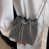 Xajzpa Bright Rhinestone Shoulder Bag Women Chains Crossbody Bag Drawstring Bucket Handbag Luxury Lady Armpit Handbag Daily Totes
