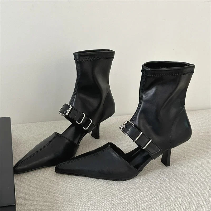 Xajzpa Street Design Belt Buckle Hollow Out Women Ankle Boots Sandals Pointed Toe Thin Low Heels Ladies Shoes