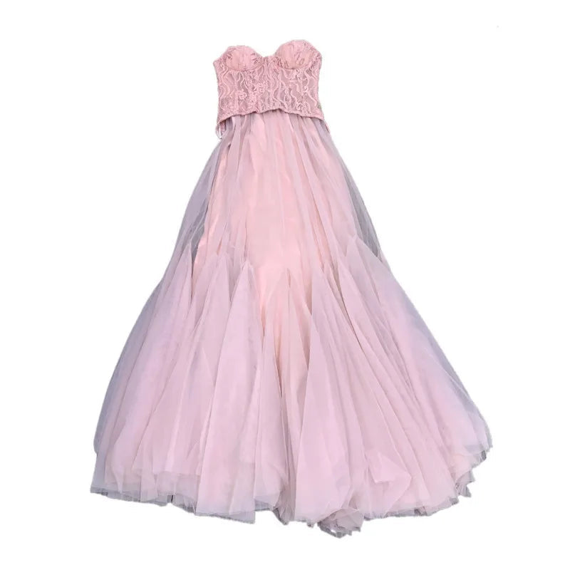 Xajzpa Fashion Lace Mesh Dress Women's Strapless Fishbone Waist Retraction A Line Dresses 2025 Summer New Tide