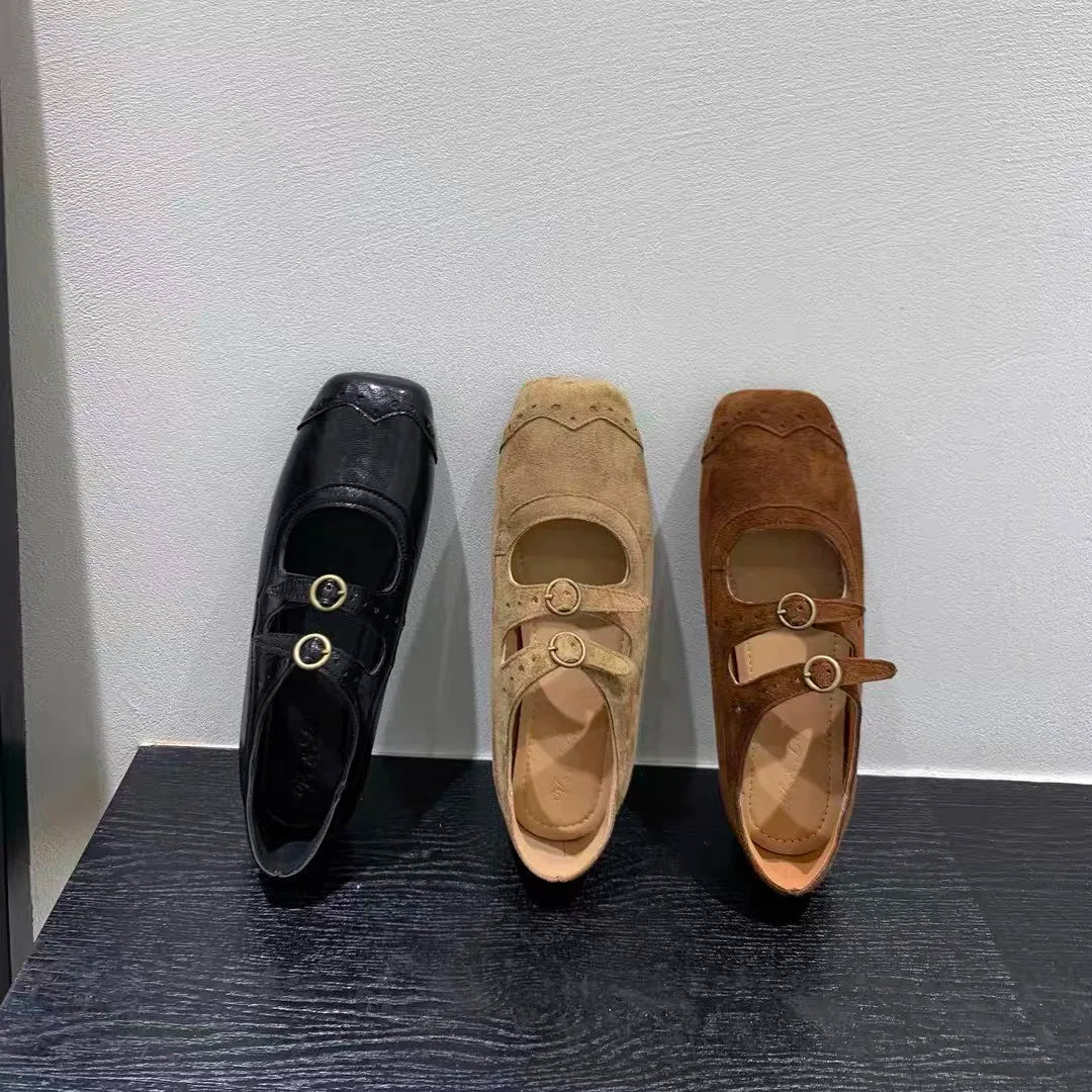 Xajzpa New Fashion Ladies Leather Flat Shoes Mary Jane Casual  Women Buckle Shoes Ladies Casaul Dress Low Heel Leather Shoes