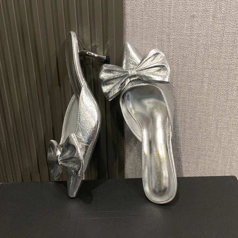 Xajzpa New Bow Women Mules Shoes Pointed Toe High Heels Slippers New Party Sandals Luxury Sexy Woman Brand Party Pumps Zapatos