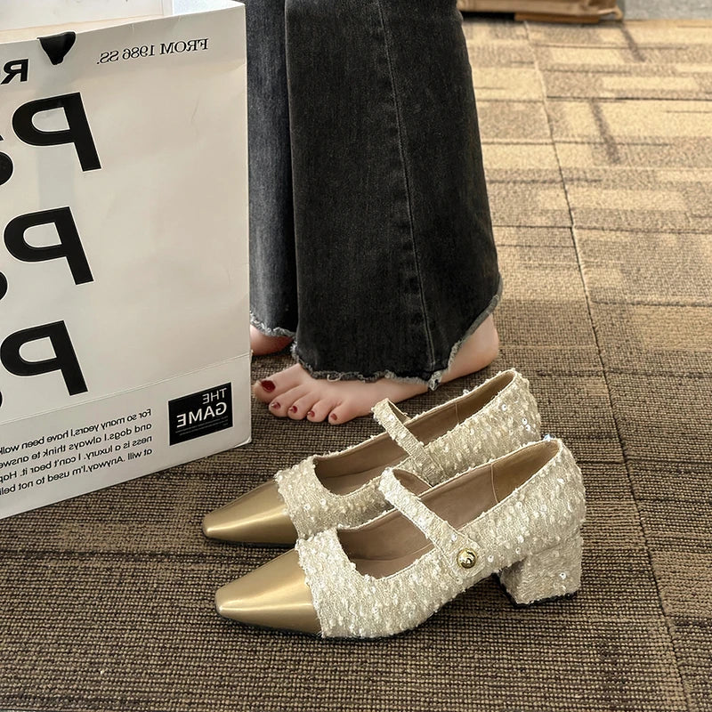 Xajzpa Summer Women's Shoes Sandals Ladies Beige High Heels Branded Pumps 2025 Sweet African 12cm Fashion Spring Latest Block Brief