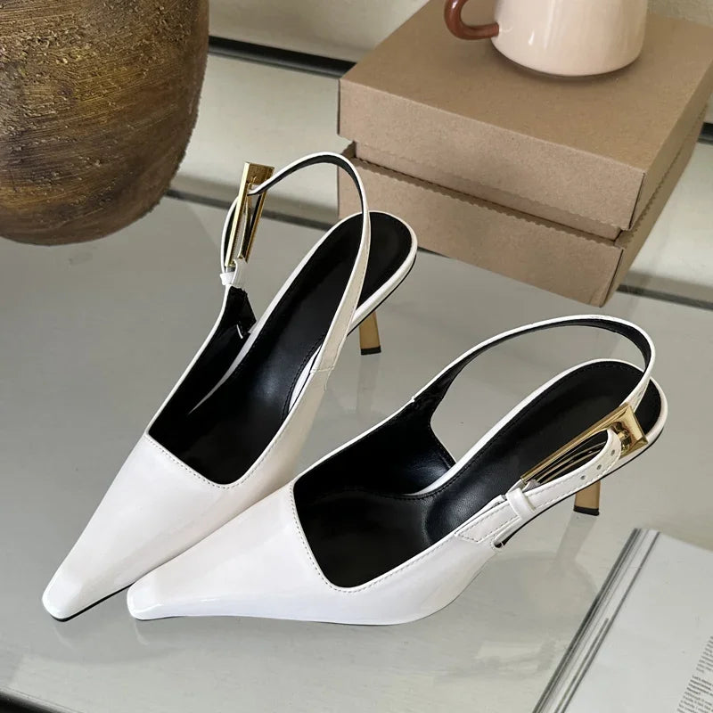 Xajzpa Street Style Sexy Pointed Toe Metal Buckle Strap Women Pumps Stripper Sandals Slingback High Heels Female Shoes