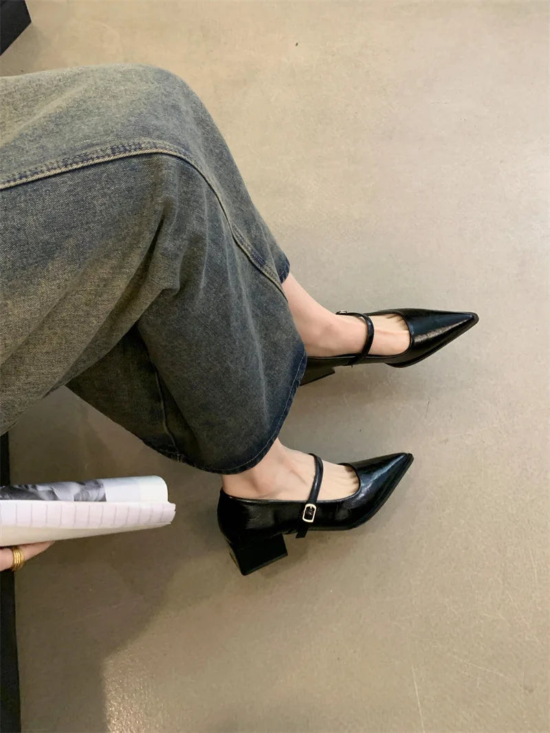 Xajzpa Retro Style Thick Heel Spring and Autumn Women Mary Jane Shoes Fashion Shallow Pointed Toe Ladies Comfort Office Pumps Footwear