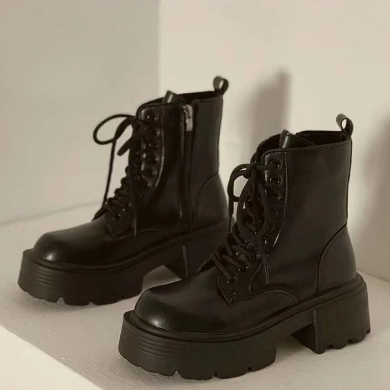 Xajzpa British Style Autumn Platform Shoes for Women Fashion Lace Up Round Toe Ankle Boots for Women Chunky Heel Ladies Short Boots