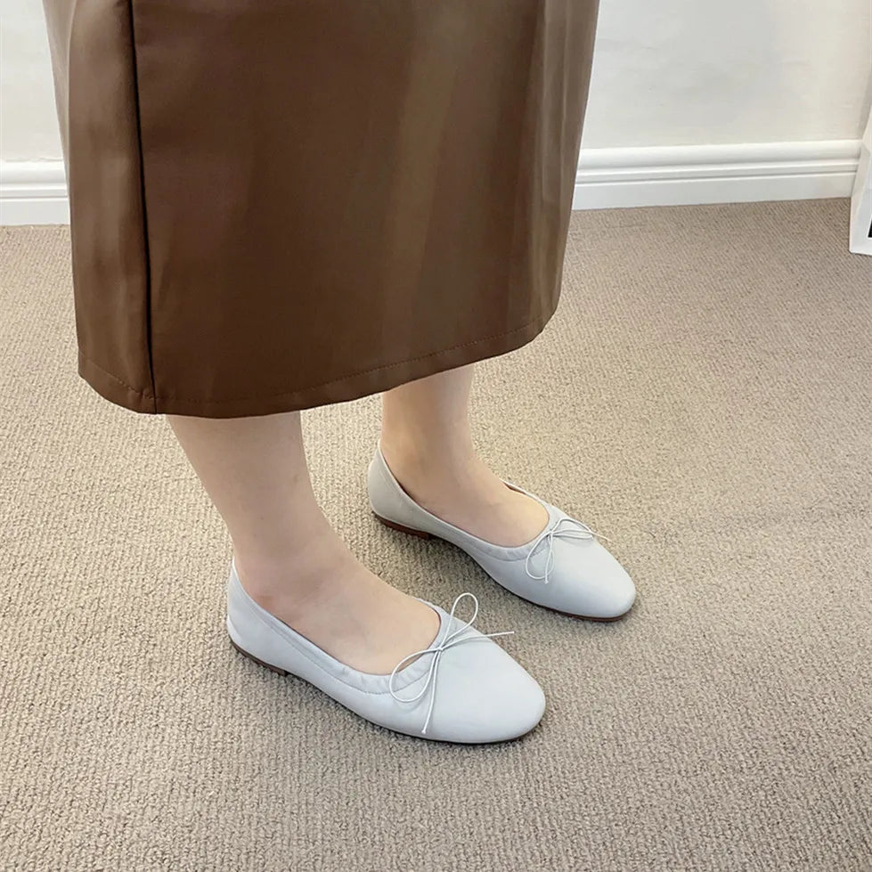Xajzpa Fashion Bow Tie Flats Ballet Shoes Women Female Ballet Round Toe Shallow Cut Ballerina Soft Moccasin Dress Shoes Zapato