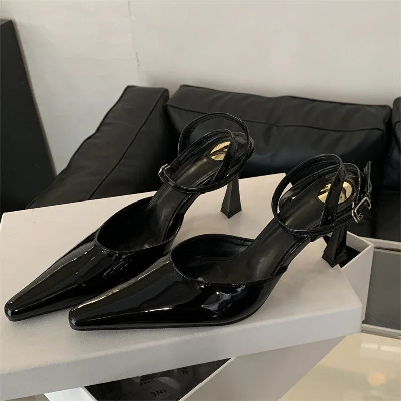 Xajzpa Spring Designer Narrow Band Women Pumps Sexy Ankle Buckle Strap Pointed Toe Thin Low Heels Dress Slingbacks Mule Shoes
