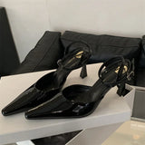 Xajzpa Spring Designer Narrow Band Women Pumps Sexy Ankle Buckle Strap Pointed Toe Thin Low Heels Dress Slingbacks Mule Shoes