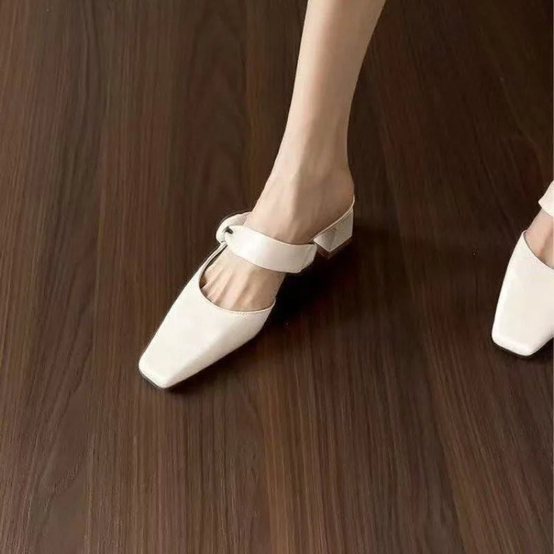 Xajzpa Summers New Style Evening Breeze Baotou Half Slippers French Low Heel Women's Shoes Summer New Thick Heel Slippers Zapatos Mujer