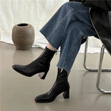 Xajzpa New Style Fashion Women's Autumn Cow Leather Retro Square Toe Zipper High Heels Ankle Boots Square Heel All Match Women Shoes