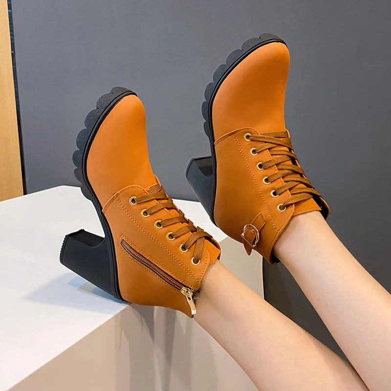 Xajzpa  Boots Women Shoes Women Fashion High Heel Lace Up Ankle Boots Ladies Buckle Platform Artificial Leather Shoes bota feminina
