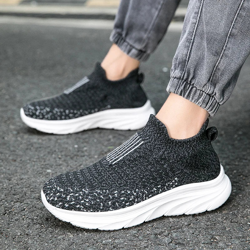 Xajzpa Men Flat Shoes Lazy Plus Size Socks 39-50 High Elasticity Knitted Fabric Comfortable Black Sports Shoes for Walking and Running
