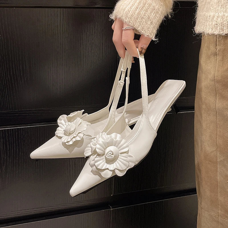 Xajzpa New Style Luxury Women's Mule Shoes Summer Fashion High Heel Flower Sexy Pointed Ladies Casual Outdoor Shoes Sweet White Sandals