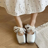 Xajzpa Square heel Slippers Women Summer Shoes Lace Pantofle Slides Cover Toe Block Riband Sweet Shoes Cover Toe Square heel Slipp