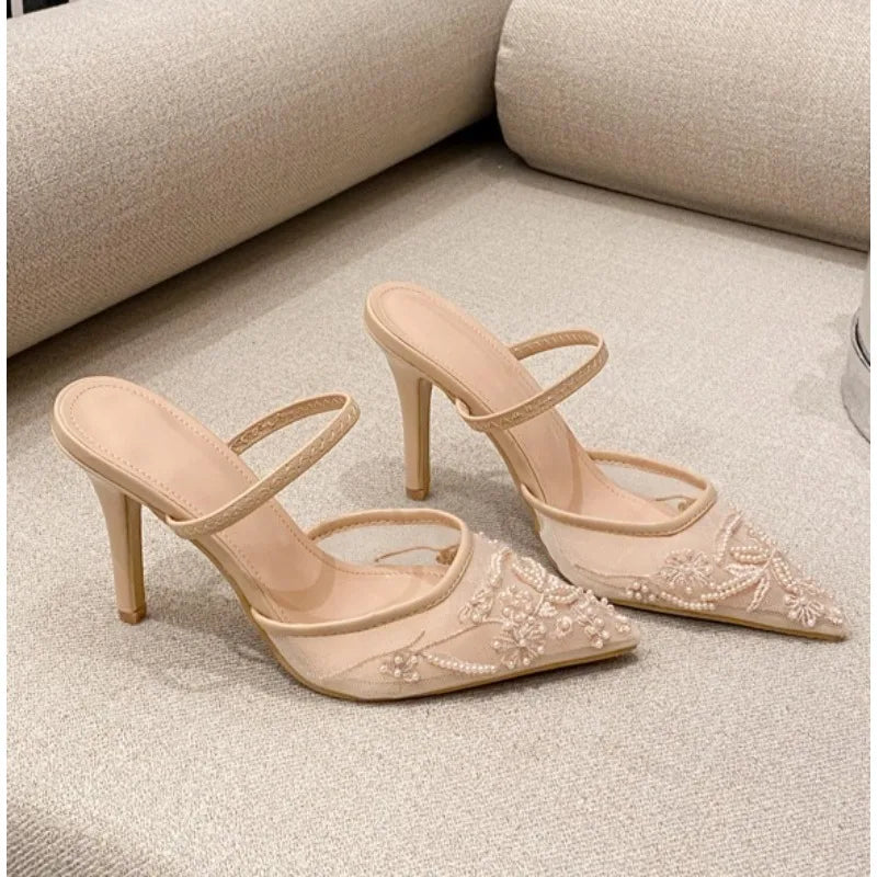 Xajzpa Luxury Brand High Heels Women Sandals Mesh Embroider Elegant Pointed Ladies Slingback Designer Party Wedding Bridal Dress Shoes