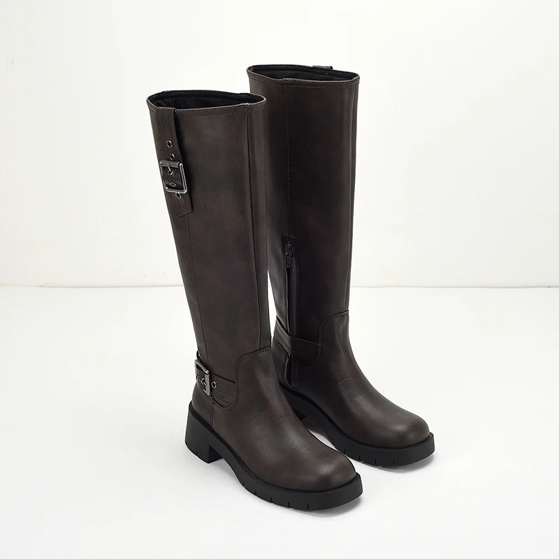 Xajzpa Med Heel Boots Zipper Female Shoes Round Toe Over-the-Knee Ladies Lolita Rubber Leather Flat Mixed Colors  Short Plush Retro PU