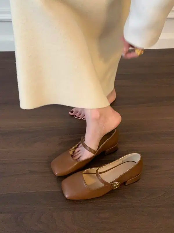 Xajzpa Shoes Branded Pumps Chunky Sandals Shallow Mouth Clogs for Women Slim Heels Mary Jane Square Toe Fashion Spring Retro Block Afri