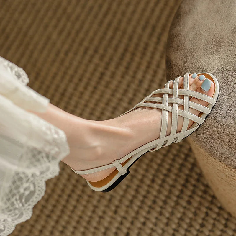 Xajzpa Shoes Female Sandal Women's Girls Beige New Summer Comfort Low Retro Flat Back Strap Square heel Rubber PU Scandals Solid C