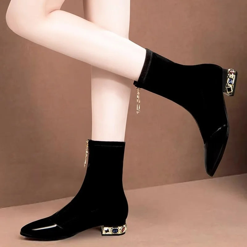 Xajzpa Women Shiny Sequin Ankle Boots Winter Fashion Pointed Front Zipper Rhinestone Square Heels Short Boots Retro Motorcycle Shoes