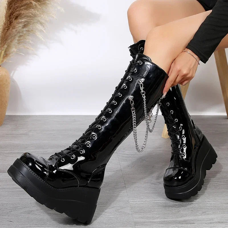 Xajzpa Winter High Heels Chain Chelsea Boots Platform Knee High Women Luxury Shoes Fashion New Trend Lace Up Wedges Zipper Boots
