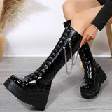 Xajzpa Winter High Heels Chain Chelsea Boots Platform Knee High Women Luxury Shoes Fashion New Trend Lace Up Wedges Zipper Boots