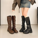 Xajzpa New Style Women's Autumn Platform Lace Up Knight Boot Round Toe Pull-on Chunky Heel Belt Buckle Knee High Boots Motercycle Boots