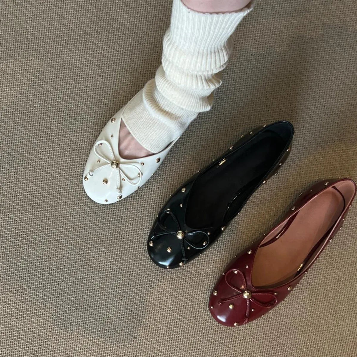 Xajzpa New Women Flat Shoes Autumn Round Toe Shallow Mouth Patent Leather Butterfly Knot Rivet Casual Shoes Soft Sole Single Shoes