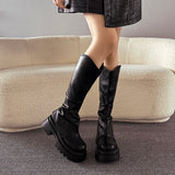 Xajzpa New Women Knee High Belt Buckle Round Toe Thick Sole Platform Chunky Heel Women Boot Solid Color Slip on Ins Western Sexy Shoes