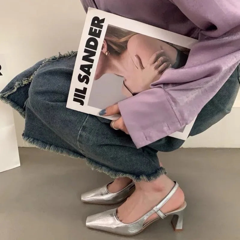 Xajzpa New Women's Shiny High Heels Slingback Women Pumps Metallic Crystal Sandals Pointy Toe Stiletto Heeled Shoes Party Dress Shoes