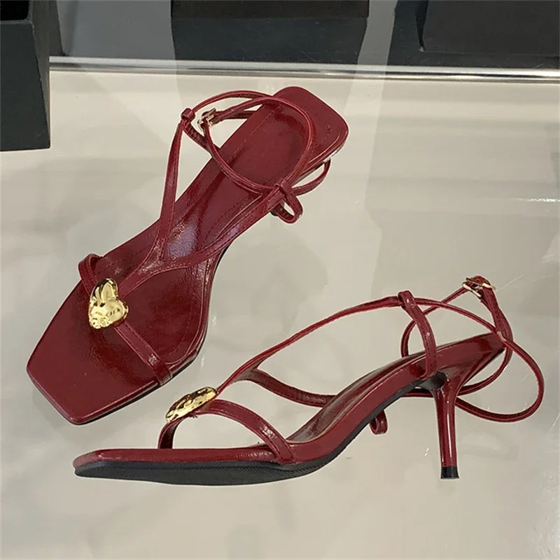 xajzpa Summer Fashion Metal Buckle Narrow Band Sandals Women Band Open Toe Thin Low Heel Gladiator Party Shoes Zapatos De Mujer