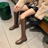 Xajzpa New Women's Black Elegant with Low Heels Shoes Long Brown Boots Winter Knee High Shaft Stylish Lastest Price Goth
