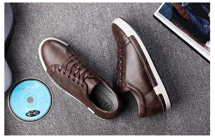 Xajzpa Men's Casual Leather Shoes for Men Fashion Four Seasons Breathable Lace-up Athletic Shoes Shallow Skate Shoes Large Sizes 38-48