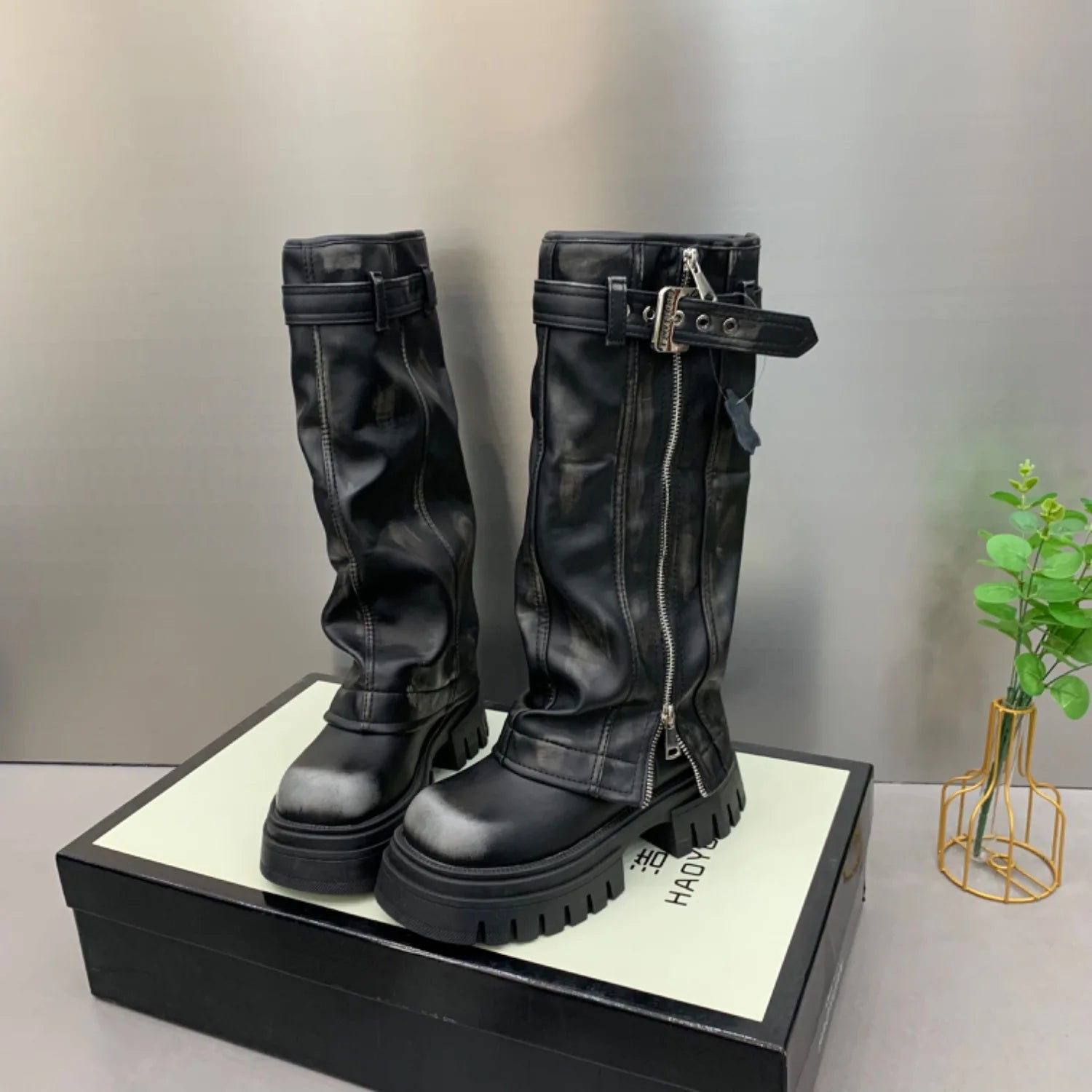 Xajzpa Med Heel Boots Round Toe Women's Genuine Leather Shoes Zipper Boots-Women  Over-the-Knee Rubber 2025 Lolita Lace-Up Western Floc