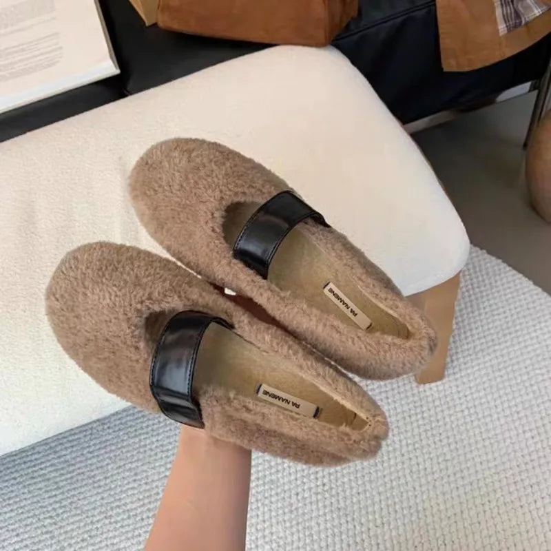 Xajzpa New Women Ballet Laofer Flat Shoes Fashion Shallow Slip on Ladies Fur Mary Jane Shoes Soft Outdoor Granny Shoes Zapatos Mujer