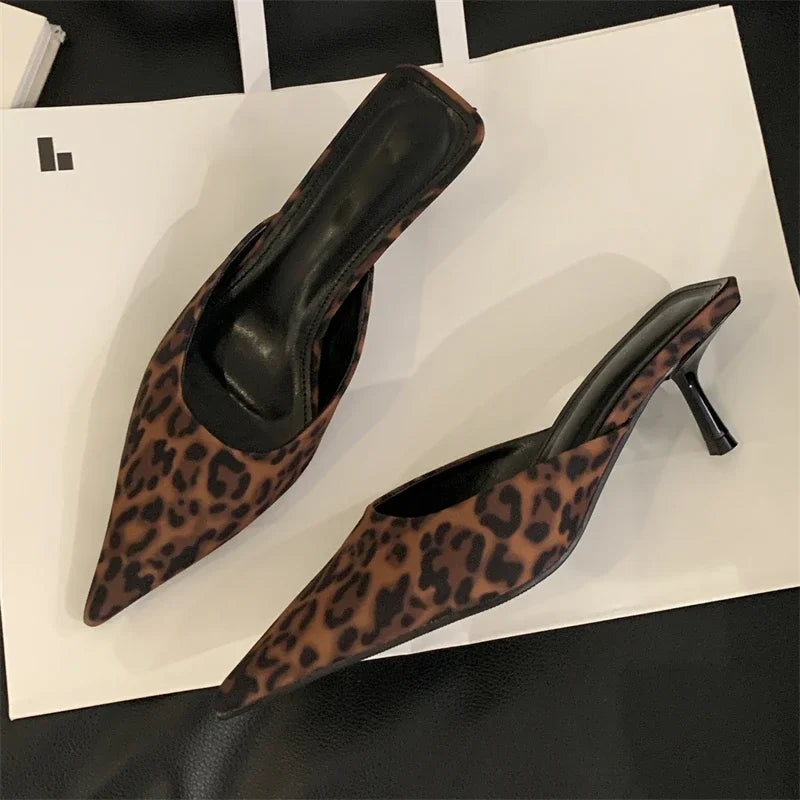 Xajzpa Spring New Leopard Print Women Slipper Pointed Toe Thin Low Heel Sandal Ladies Mules Shoes Zapatos Mujer