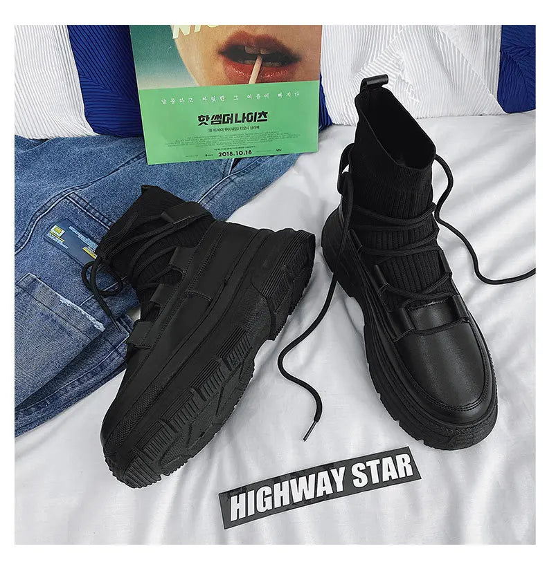 Xajzpa Autumn Winter Socks Boots New Men Ankle Boots Platform Black Shoes for Men Fur Chunky Punk Motorcycle Booties Gothic Shoes
