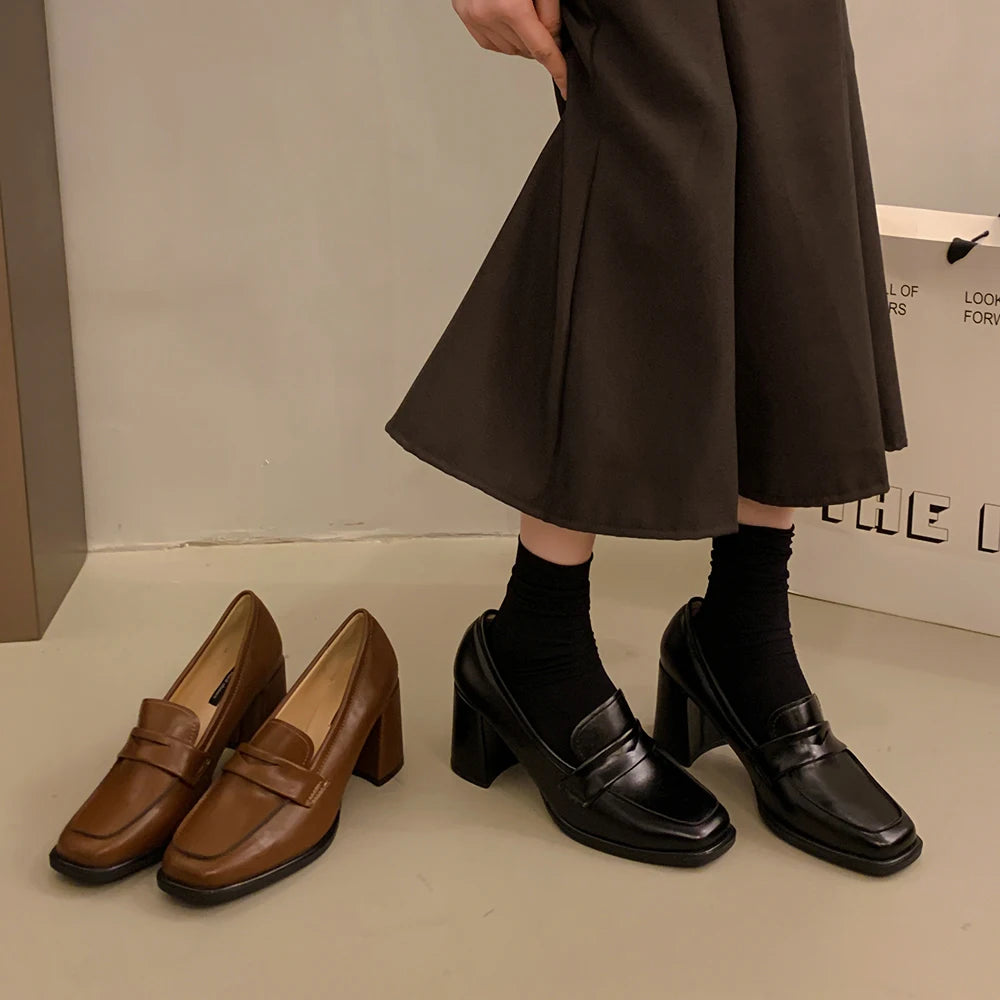 Xajzpa Summer Shoes Ladies Women's Heels Oxfords Loafers With Fur Female Footwear Slip-on New On Heels Retro Leather Dress Slip