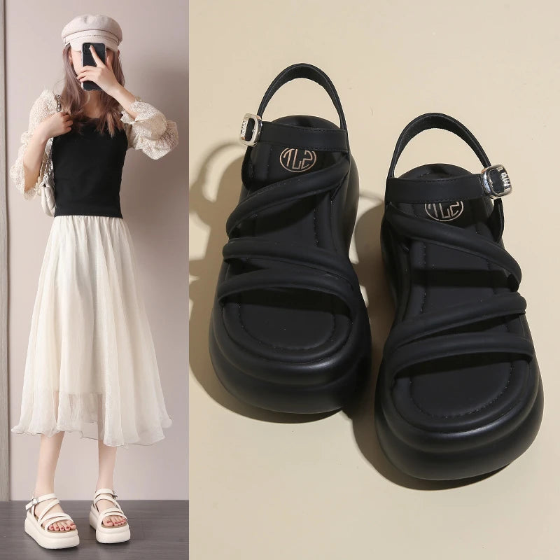 Xajzpa Clogs With Heel Female Sandal Summer Comfort Shoes for Women Buckle Strap Increasing Height All-Match Thick Girls Gladiator