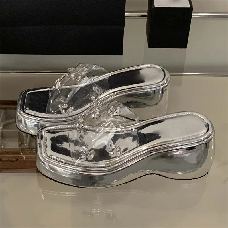 Xajzpa Diamond PVC Transparent Slippers Women Solid Platform Wedges Shoes Summer Square Toe High Heels Sandals