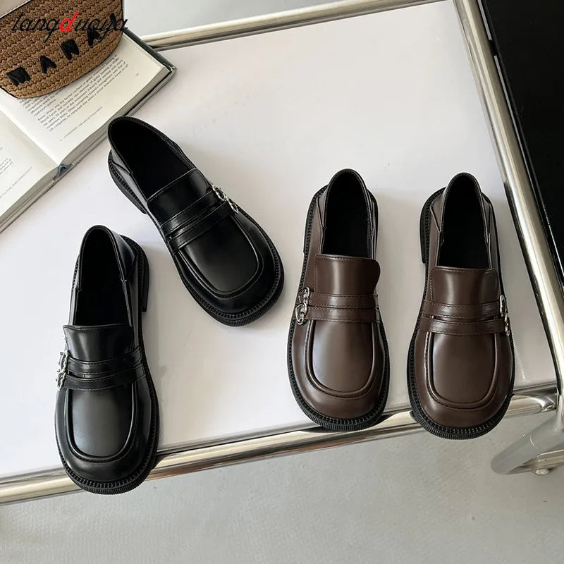 Xajzpa Gothic Lolita Heart Buckle Women's Loafers Mary Jane Shoes Women Cute Kawaii Chunky Platform Flats Fashion Designer Leather Shoe