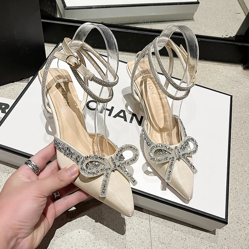 Xajzpa New Women's Crystal Sandals Classic Fairy Bow High Heels Summer New Water Diamond Fine Heel Bridesmaid Wedding Shoes