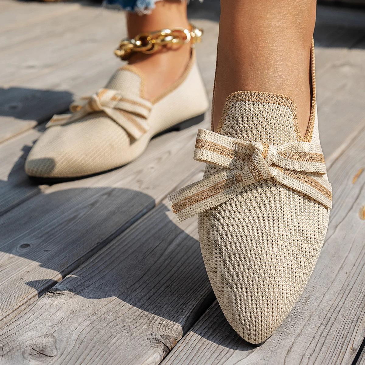 Xajzpa New Women Flats Shoe Knitted Slip Breathable Comfortable Solid Color Shoes Casual Pointed Toe Walking Loafers Sneakers