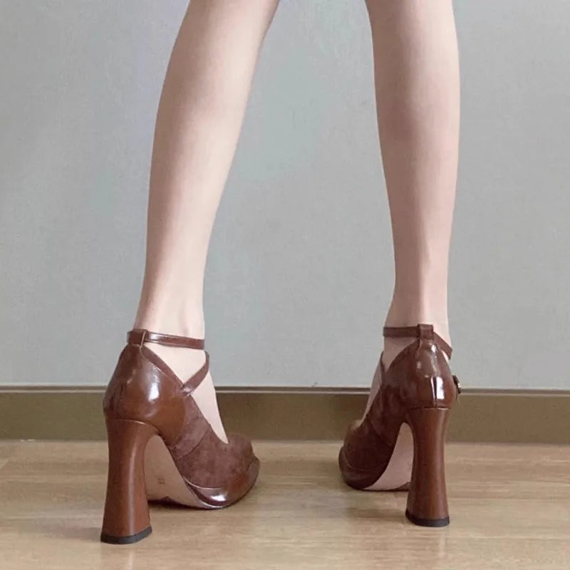 Xajzpa Beige High Heels Lolita Shoes Chunky Sandals Increasing Height Clogs for Women 12cm Latest Mary Jane Block African Black Pu