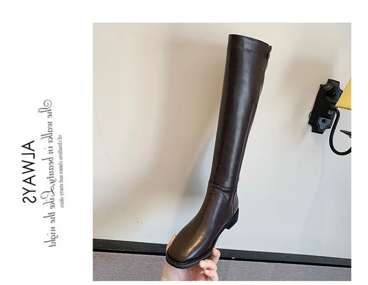 Xajzpa Winter Cotton Women Knee High Boots Fashion Zippers Ladies Elegant Low Heel Long Booties Soft Leather Women's Footwear