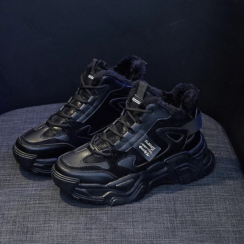 Xajzpa Fashion Platform Sneakers for Women Winter Thick Bottom Lace Up Walking Shoes Ladies Comfort Non Slip Sports Warm Cotton Shoes