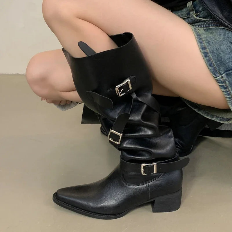 Xajzpa Winter Black Punk Round Toe Knee-High Women Boots Square Heels Buckle Strap Ladies Booties Shoes Zapatillas De Mujer
