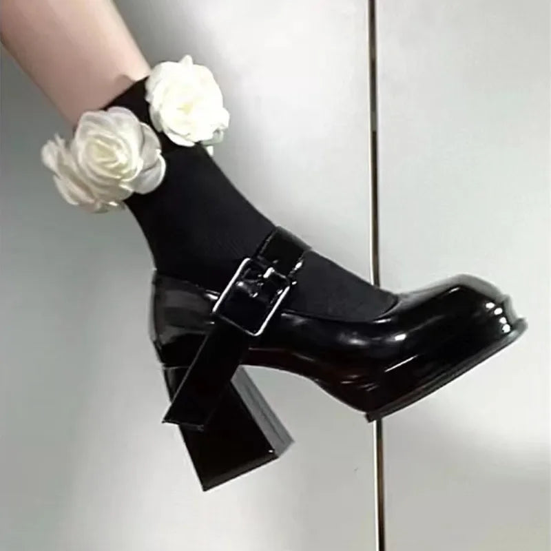 Xajzpa New Retro Mary Jane High Heels Women Shoes Fashion Chunky Heel Pumps Platform Ankle Buckle Japanese Uniform Ladies Shoes
