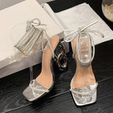 Xajzpa Sexy Silver Crystal Ankle Cross Strap Sandals Women Elegant Wedding Banquet Shoes Fashion Square Open Toe Fretwork Heels